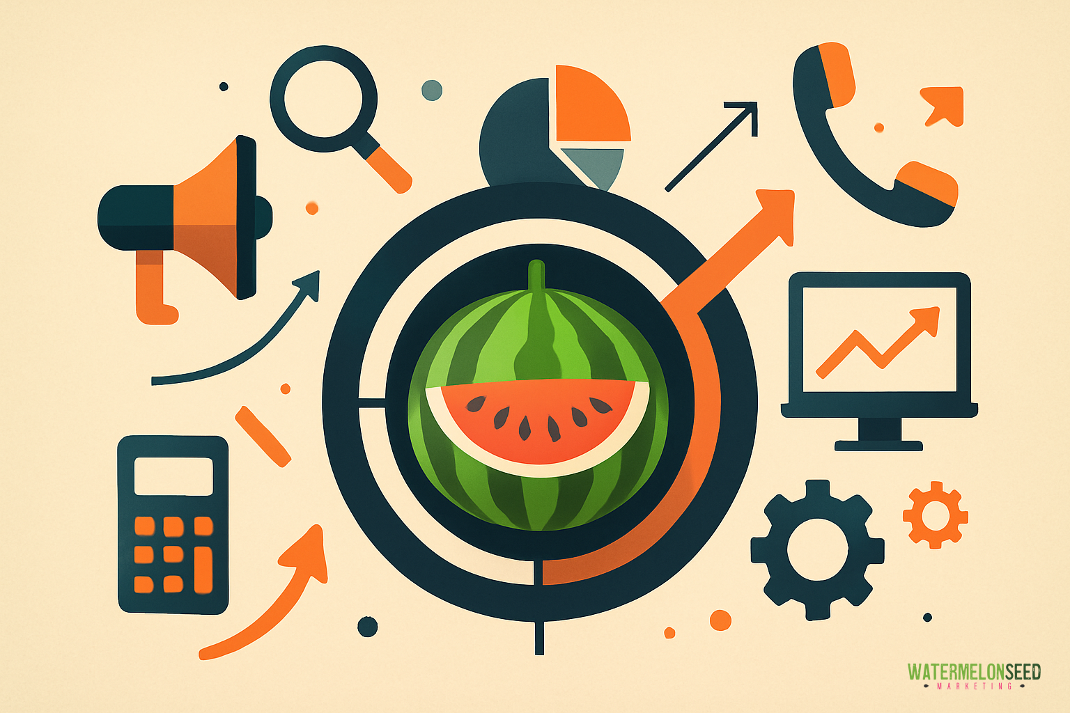 Illustration of a watermelon slice at the center, surrounded by business icons like a calculator, megaphone, and pie chart—capturing the essence of AdWords strategies for small businesses.