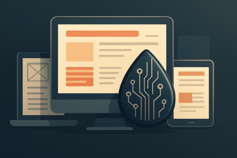 A computer monitor, tablet, and smartphone display website layouts behind a stylized neural network icon, representing technology, digital interfaces, and custom website design for small businesses.