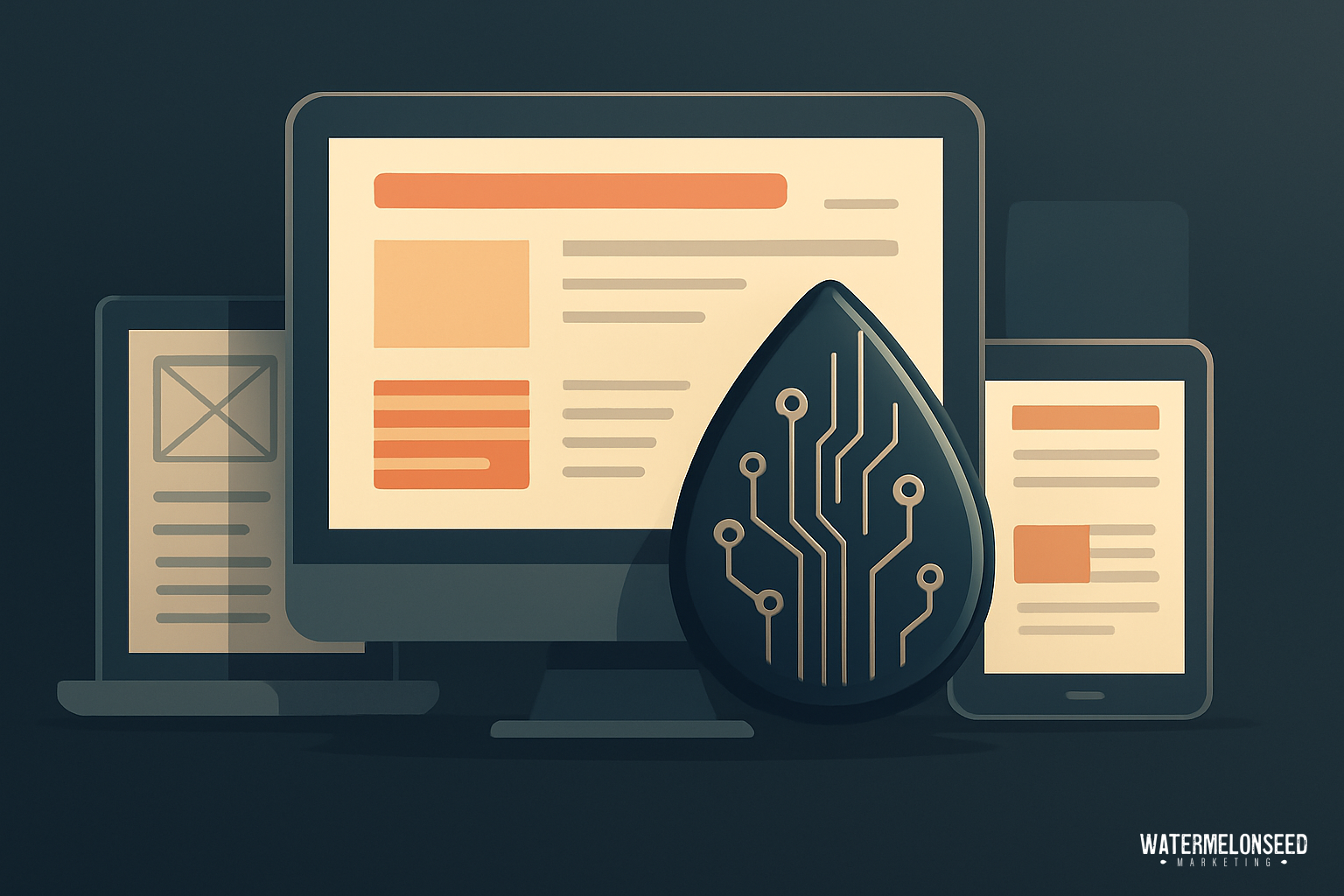 A computer monitor, tablet, and smartphone display website layouts behind a stylized neural network icon, representing technology, digital interfaces, and custom website design for small businesses.