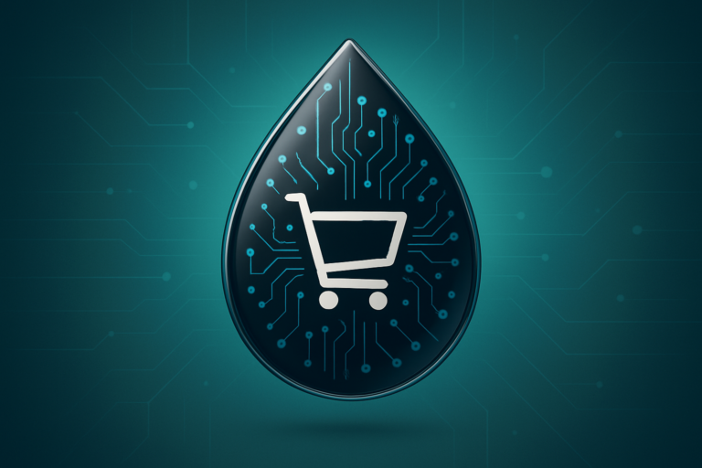 A dark droplet-shaped icon features a white shopping cart symbol over a circuit board pattern, set against a teal background with faint circuitry lines—perfect for representing e-commerce and conversion-optimised website design.