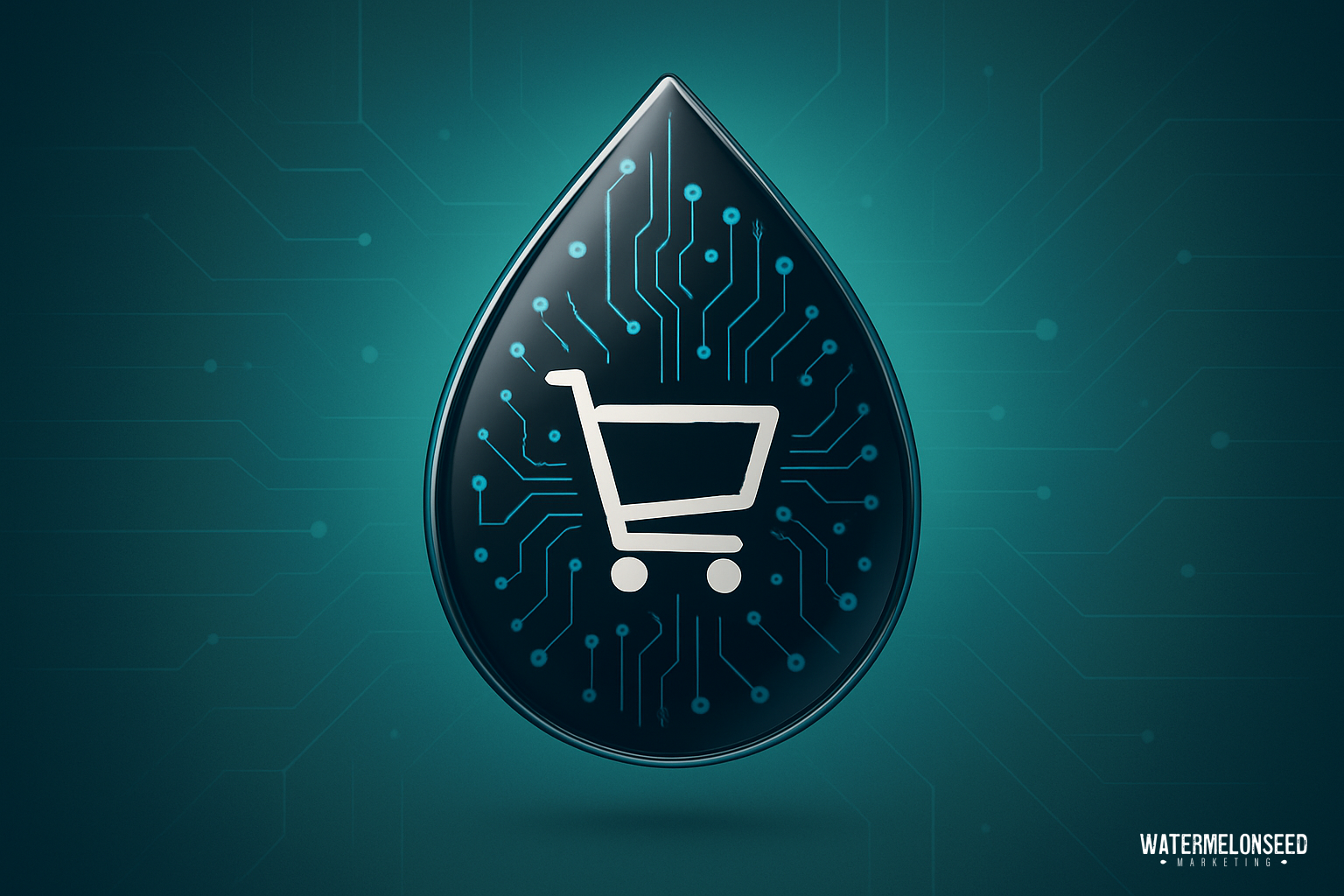A dark droplet-shaped icon features a white shopping cart symbol over a circuit board pattern, set against a teal background with faint circuitry lines—perfect for representing e-commerce and conversion-optimised website design.