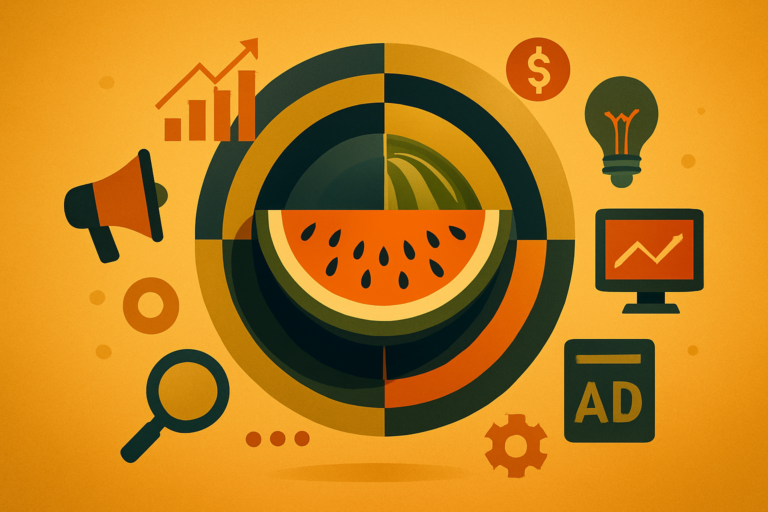Illustration of a watermelon at the center, surrounded by business icons—like a megaphone, graph, dollar sign, lightbulb, and more—on an orange background, symbolizing AdWords strategies for small businesses.