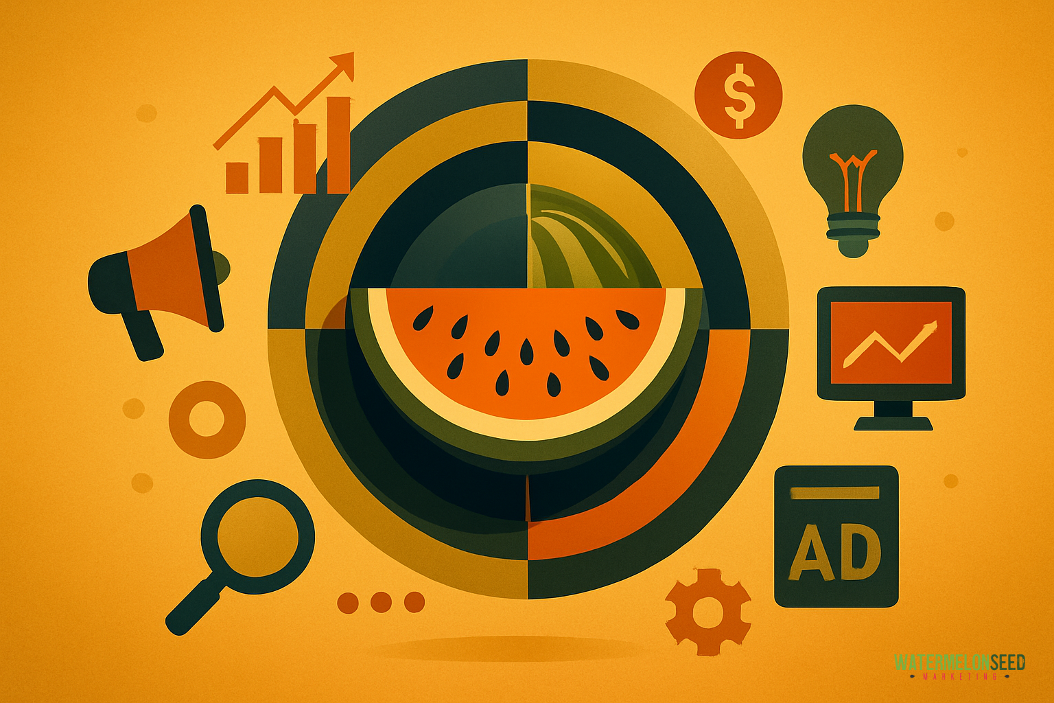 Illustration of a watermelon at the center, surrounded by business icons—like a megaphone, graph, dollar sign, lightbulb, and more—on an orange background, symbolizing AdWords strategies for small businesses.