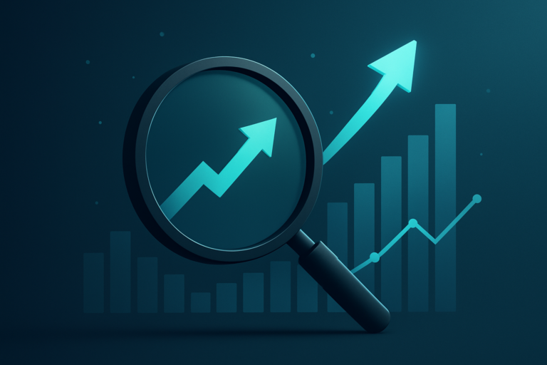 A magnifying glass focuses on an upward trending arrow over a bar chart and line graph, symbolizing data analysis, business growth, and SEO performance analytics.