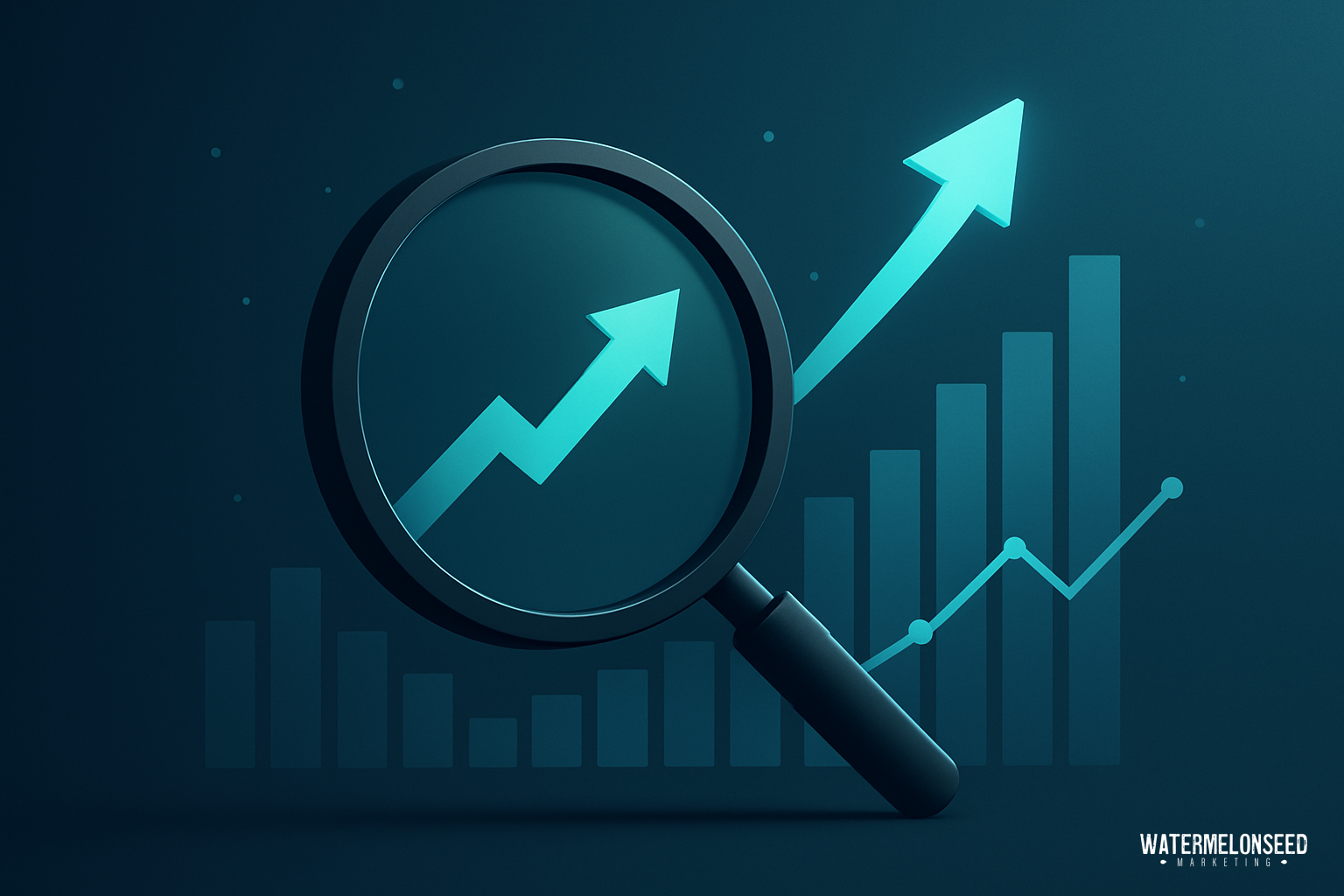 A magnifying glass focuses on an upward trending arrow over a bar chart and line graph, symbolizing data analysis, business growth, and SEO performance analytics.