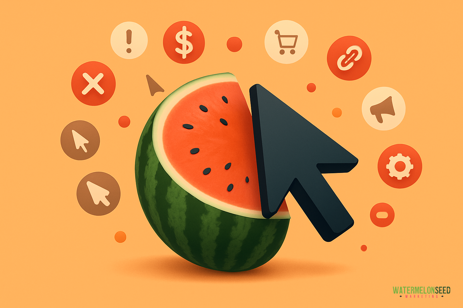 A large cursor points at a sliced watermelon, surrounded by digital icons like dollar signs, shopping carts, and exclamation marks—illustrating AdWords strategies for small businesses on an orange background.