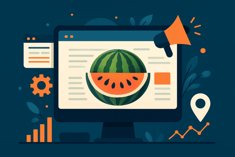Illustration of a computer monitor displaying a watermelon, surrounded by marketing icons like a megaphone, gears, and data charts—highlighting creative website design and digital strategy.