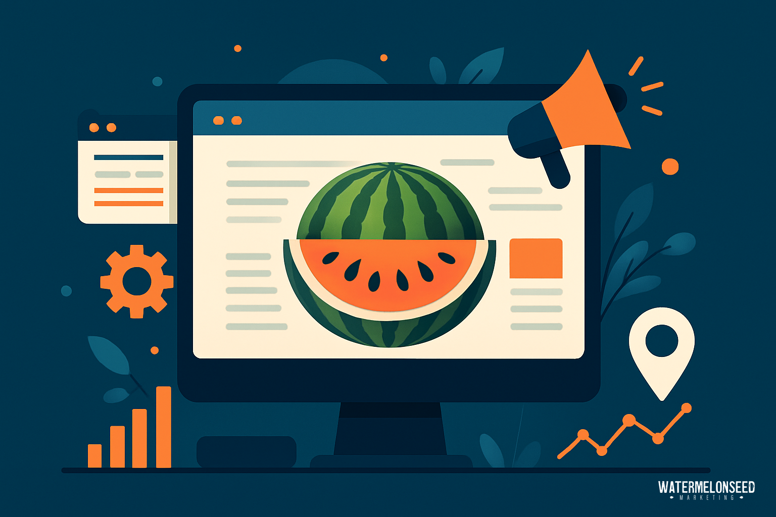 Illustration of a computer monitor displaying a watermelon, surrounded by marketing icons like a megaphone, gears, and data charts—highlighting creative website design and digital strategy.