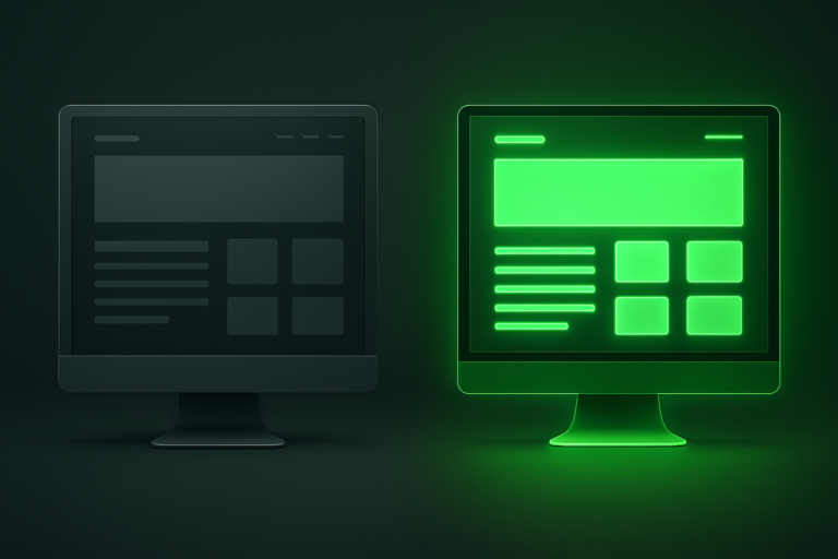 Two computer monitors display website wireframes; the left screen shows standard website design, while the right glows green with highlighted interface elements for a conversion-optimised website design.