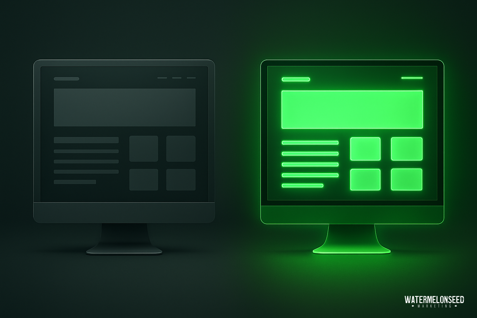 Two computer monitors display website wireframes; the left screen shows standard website design, while the right glows green with highlighted interface elements for a conversion-optimised website design.