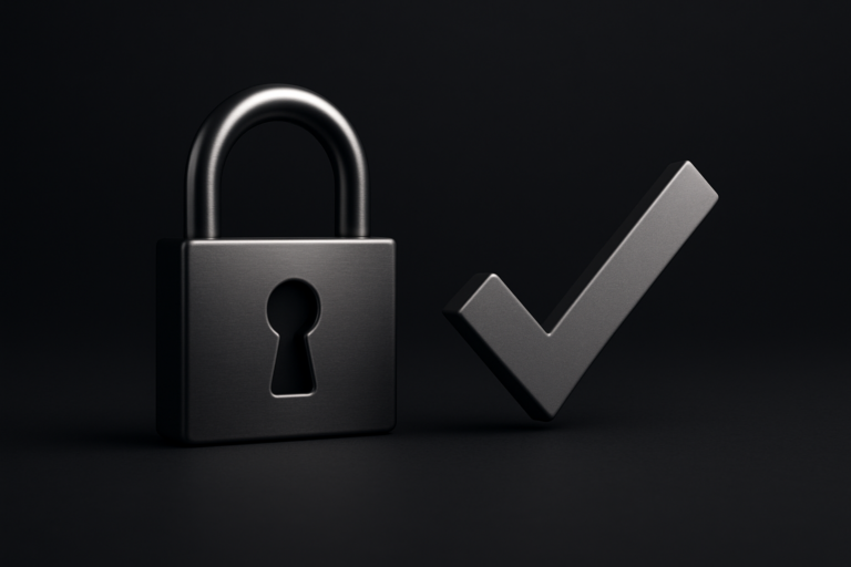 A metal padlock and a check mark symbol side by side, both on a dark background, representing how businesses can establish brand trust through security and verification.