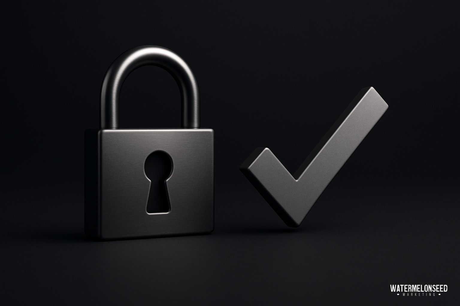 A metal padlock and a check mark symbol side by side, both on a dark background, representing how businesses can establish brand trust through security and verification.
