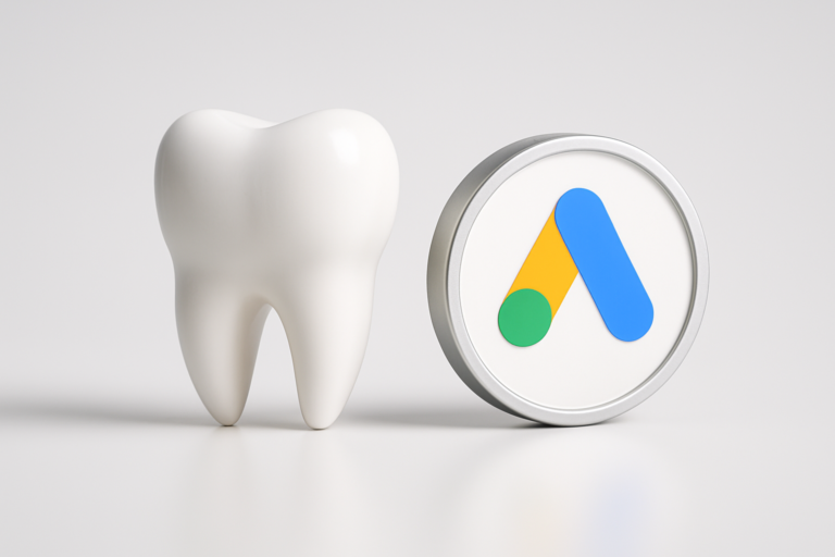 A model of a white tooth stands next to a round sign displaying the Google Ads logo, illustrating effective AdWords advertising for dentists on a plain white background.