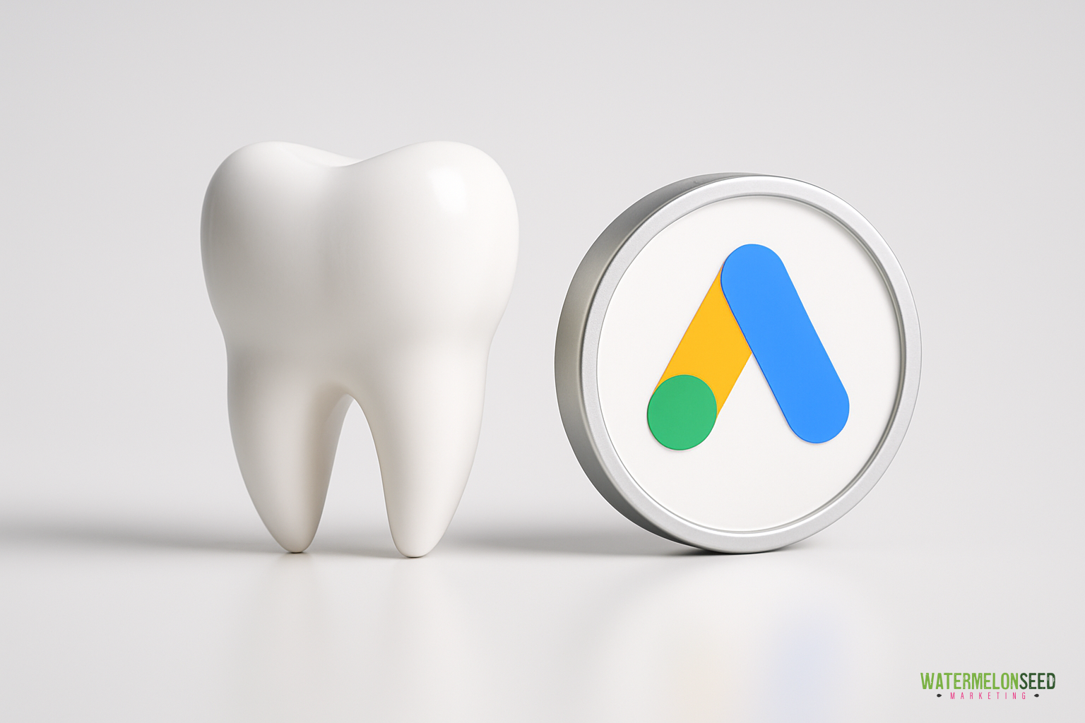 A model of a white tooth stands next to a round sign displaying the Google Ads logo, illustrating effective AdWords advertising for dentists on a plain white background.