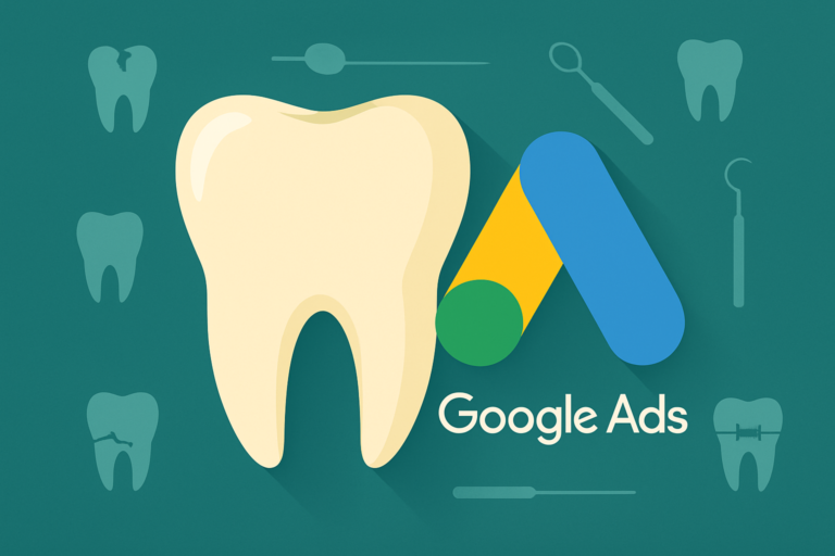 Illustration of a large tooth beside the Google Ads logo and text, with dental tool and tooth icons in the background—perfect for showcasing AdWords advertising or SEO for dentists.