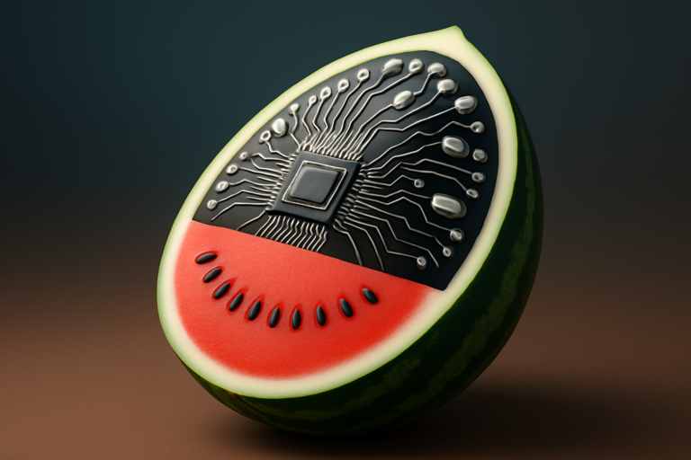 A halved watermelon with a circuit board and microchip integrated into its flesh, blending natural fruit and technology elements to improve business innovation and boost brand reputation.