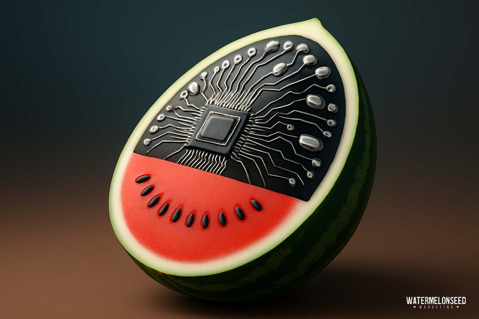 A halved watermelon with a circuit board and microchip integrated into its flesh, blending natural fruit and technology elements to improve business innovation and boost brand reputation.