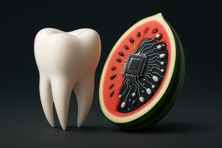A realistic tooth stands next to a halved watermelon with electronic circuitry and a microchip embedded in its red flesh, symbolizing the fusion of dental content marketing with innovative technology.