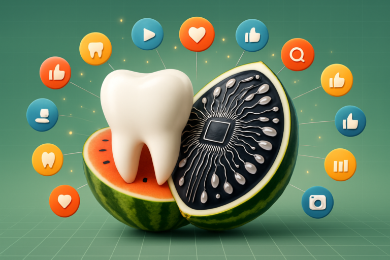 A large tooth stands on a halved watermelon with a digital circuit inside, surrounded by colorful social media and technology icons on a green grid—perfect for promoting Frisco dental advertising services.