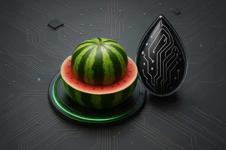 A sliced watermelon sits on a circular platform next to a black, teardrop-shaped object with circuit patterns, on a surface resembling a computer motherboard—blending aesthetics with design myths in a visually striking scene.