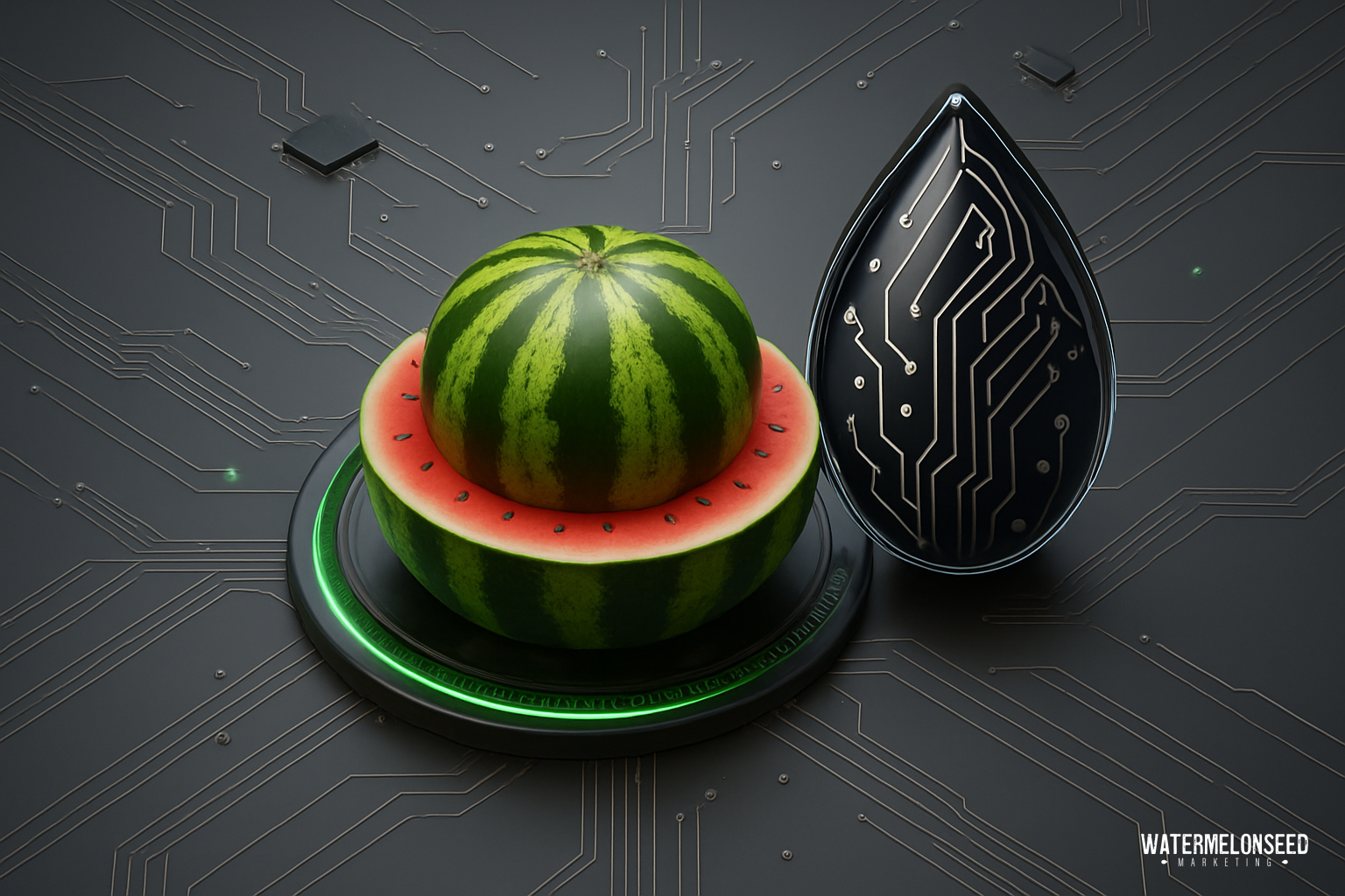 A sliced watermelon sits on a circular platform next to a black, teardrop-shaped object with circuit patterns, on a surface resembling a computer motherboard—blending aesthetics with design myths in a visually striking scene.