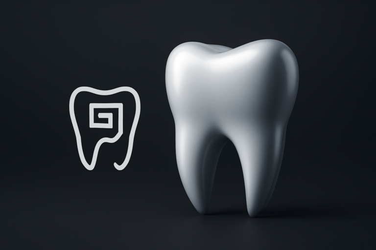 A large, shiny, realistic tooth stands next to a stylized tooth outline with a spiral design inside it on a dark background—an ideal image for Frisco dental advertising services.