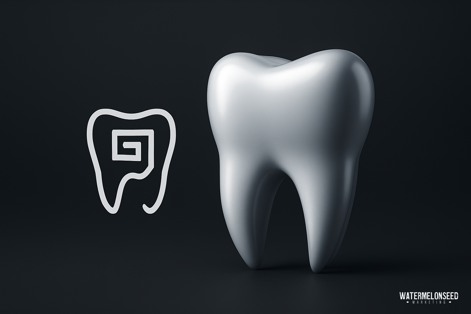 A large, shiny, realistic tooth stands next to a stylized tooth outline with a spiral design inside it on a dark background—an ideal image for Frisco dental advertising services.