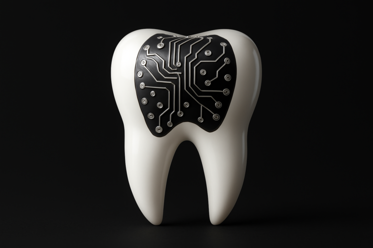 A white tooth with a black section featuring a silver circuit board pattern, symbolizing the integration of technology in dental care and representing Frisco dental advertising services, set against a sleek black background.