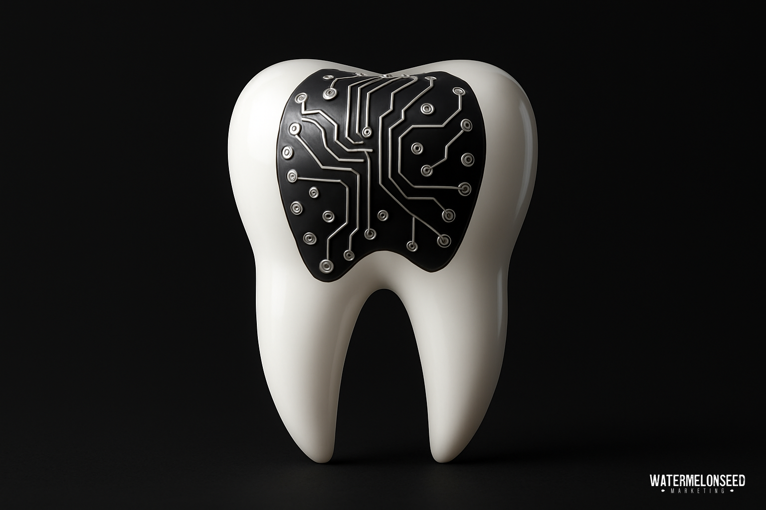 A white tooth with a black section featuring a silver circuit board pattern, symbolizing the integration of technology in dental care and representing Frisco dental advertising services, set against a sleek black background.