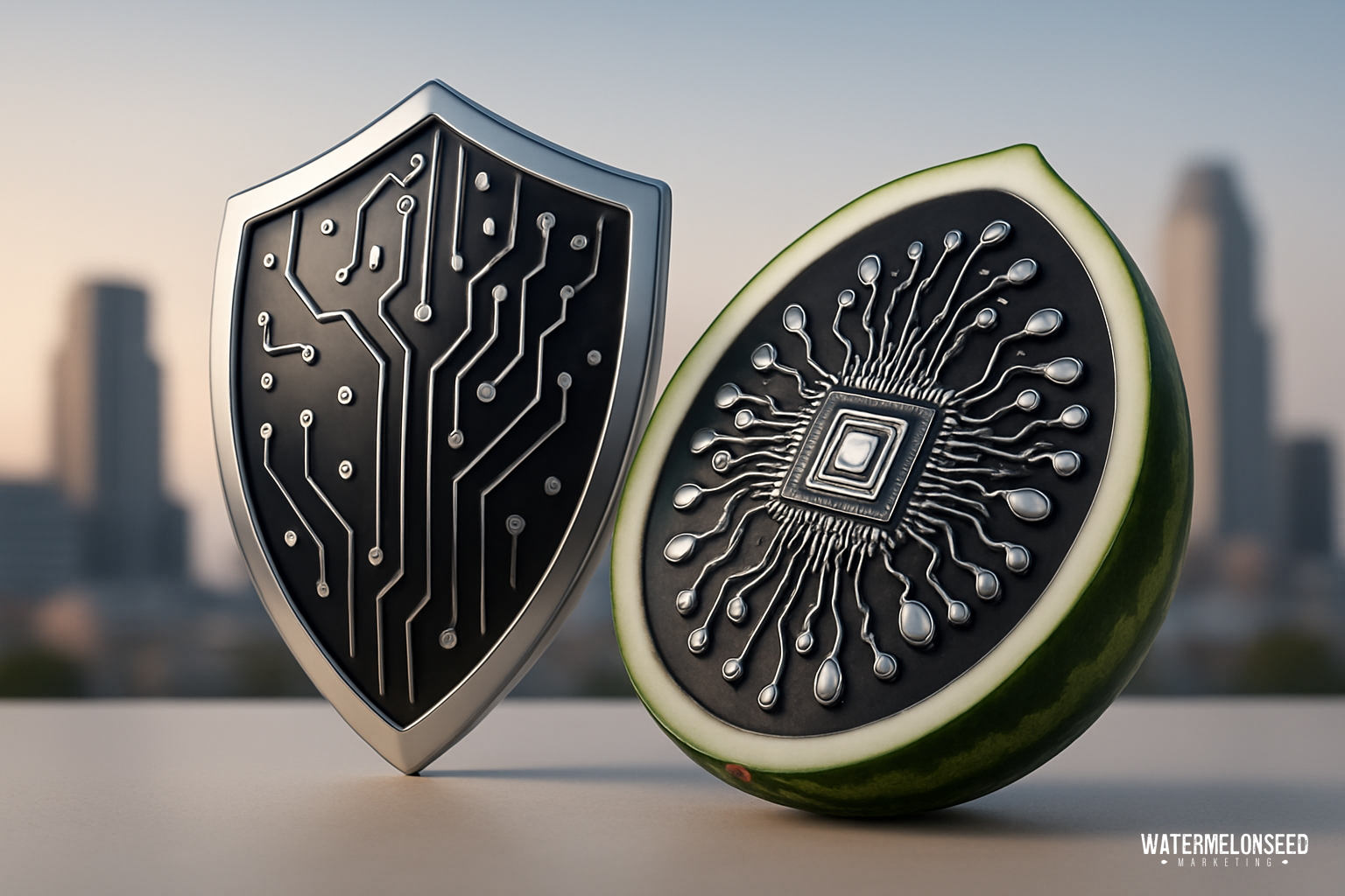 A metallic shield and a halved watermelon, both featuring electronic circuit patterns, are displayed on a surface with a blurred Frisco cityscape in the background, symbolizing brand trust in a competitive market.