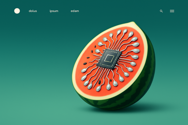 A watermelon half with a computer chip and metallic nodes embedded in the flesh, set against a gradient green background. Website menu elements at the top hint at effective landing page design.