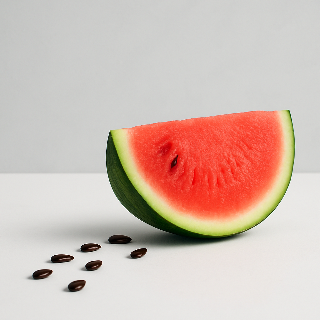 A slice of watermelon with a green rind and red flesh sits on a white surface, its scattered black seeds artfully arranged—almost like the thoughtful balance found in great website design.