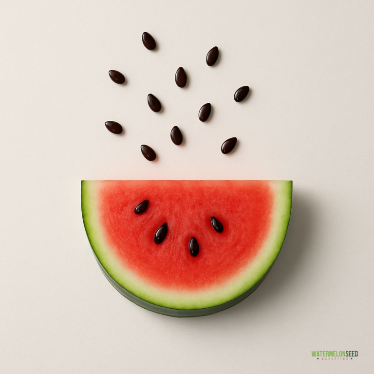 A slice of watermelon with seeds on the fruit and extra seeds arranged in an arc above it on a light background, resembling the playful creativity often seen in website design.