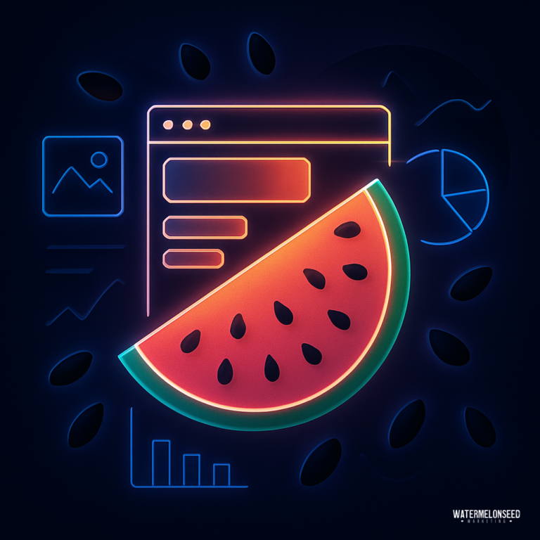 A neon illustration of a watermelon slice overlays digital analytics icons, including charts and a webpage, hinting at website conversion optimization on a dark background.