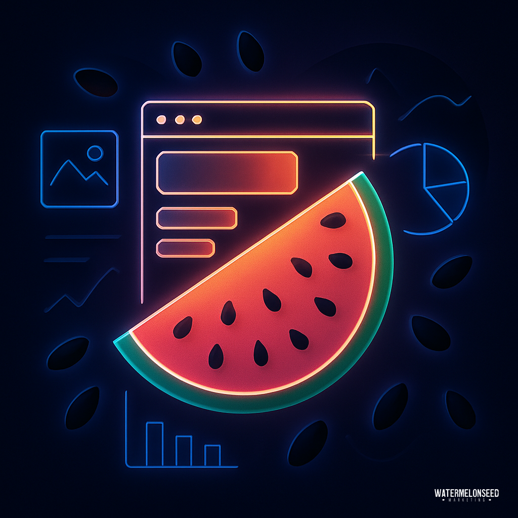 A neon illustration of a watermelon slice overlays digital analytics icons, including charts and a webpage, hinting at website conversion optimization on a dark background.