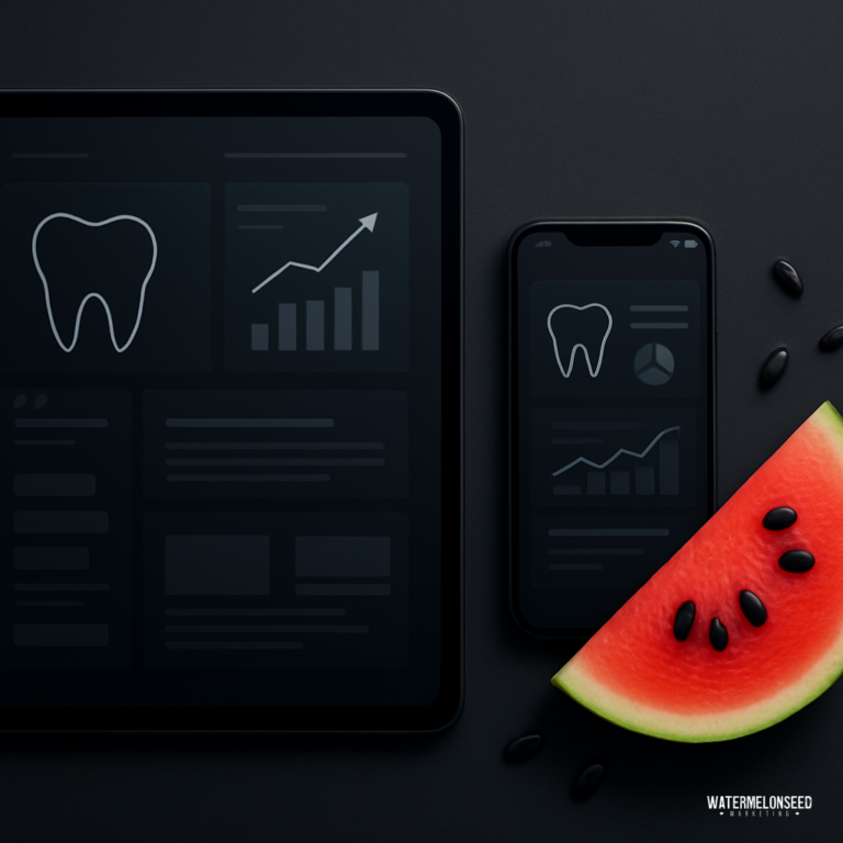 A tablet and smartphone display dental health graphs and charts on a dark surface, highlighting 7 website mistakes that professionals should avoid, alongside a slice of watermelon and scattered seeds.