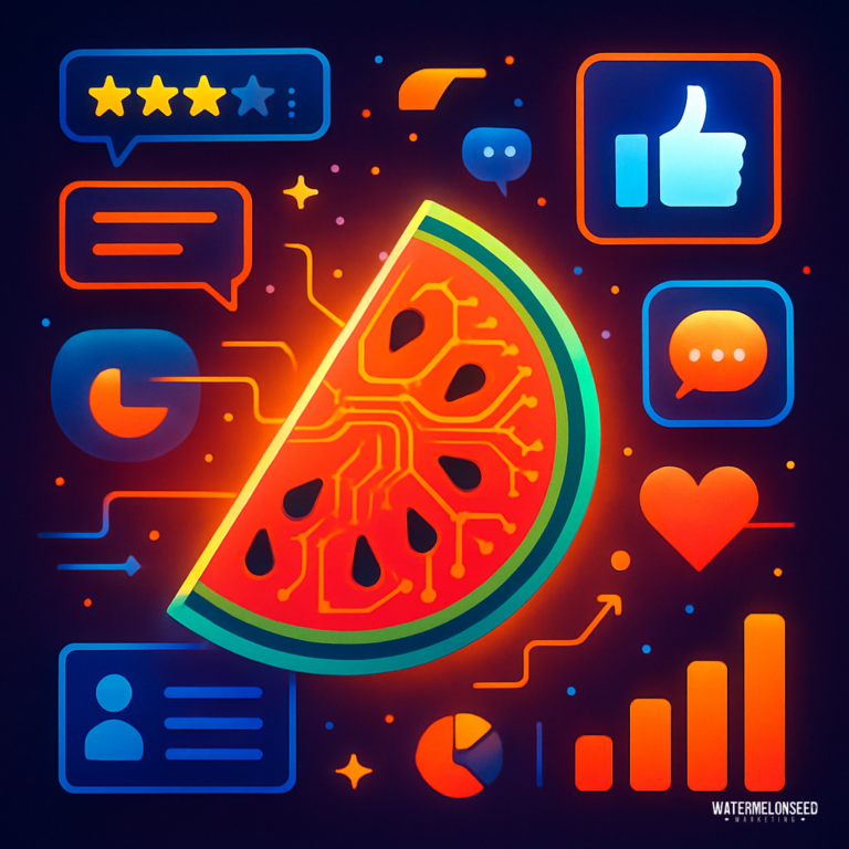 A digital illustration of a watermelon slice with circuit patterns, surrounded by social media icons, graphs, chat bubbles, and assisted living reviews on a dark background.