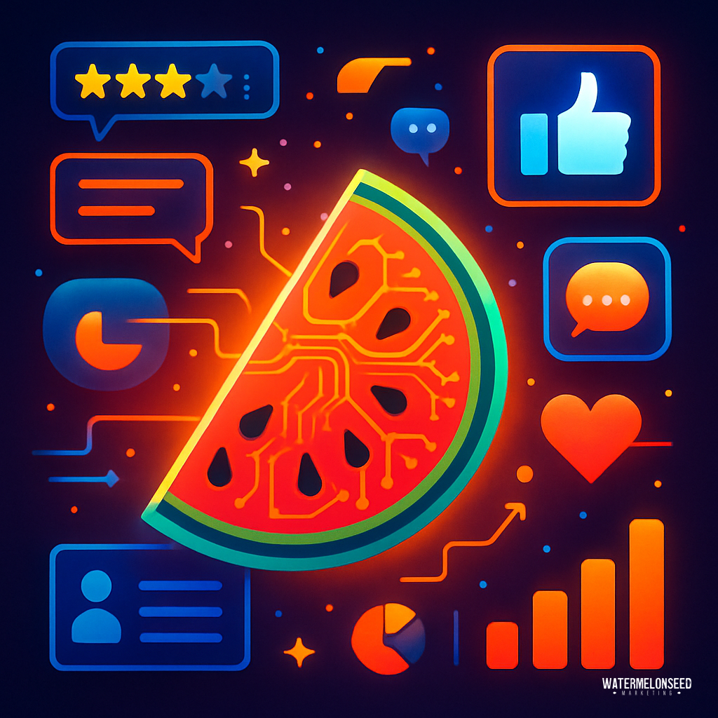 A digital illustration of a watermelon slice with circuit patterns, surrounded by social media icons, graphs, chat bubbles, and assisted living reviews on a dark background.