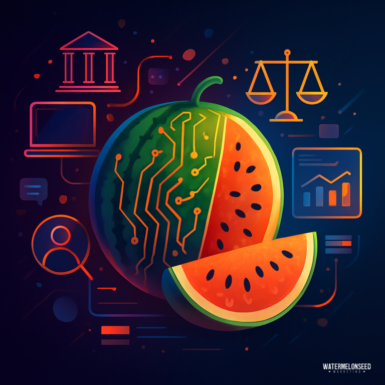 A watermelon with circuit-like patterns sits among icons representing attorney marketing, law, technology, and data analytics on a dark background.
