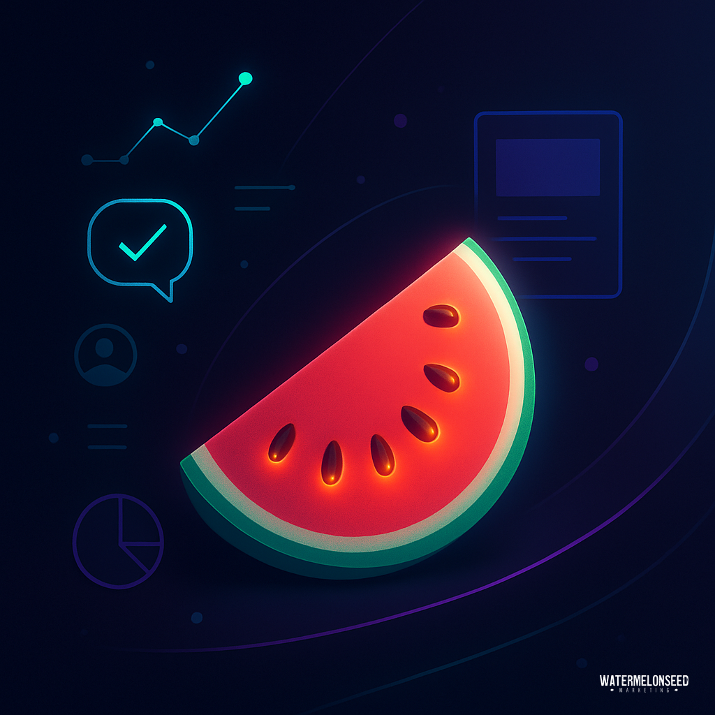 A digital illustration of a watermelon slice is surrounded by abstract data icons, including charts and check marks, on a dark background, suggesting insights into review request timing.