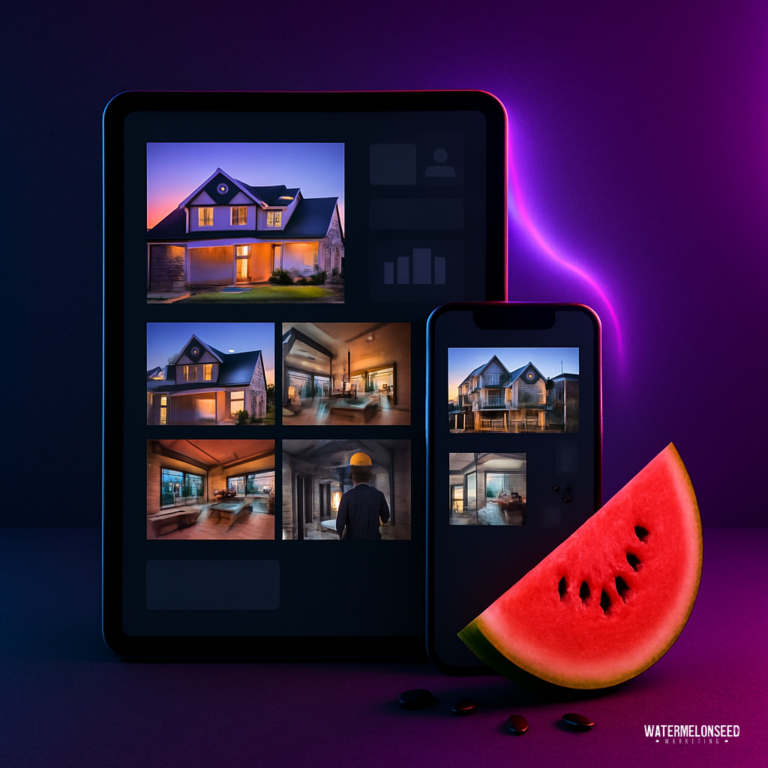 A tablet and a smartphone display real estate photos for builder portfolio marketing; a watermelon slice sits in front of the devices on a dark purple background.