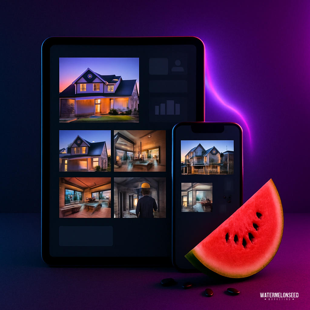 A tablet and a smartphone display real estate photos for builder portfolio marketing; a watermelon slice sits in front of the devices on a dark purple background.