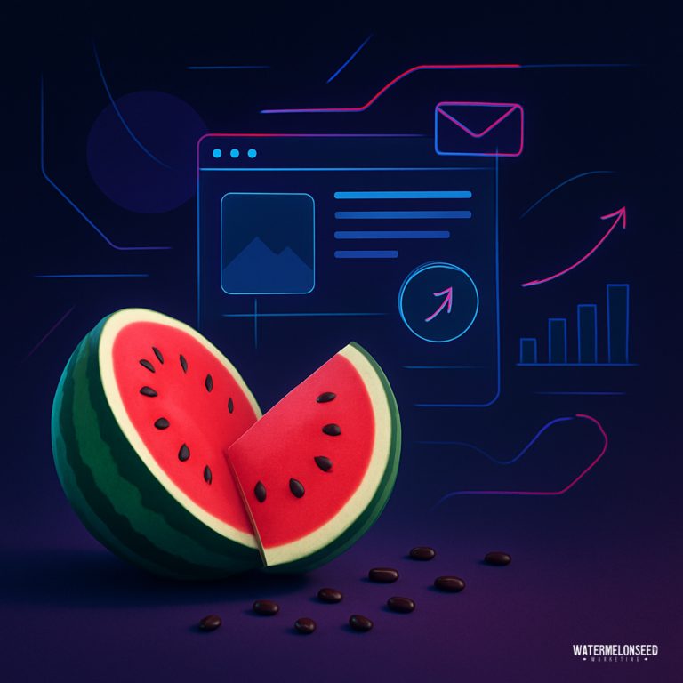 A sliced watermelon with scattered seeds sits before a stylized digital interface featuring charts, graphs, and communication icons—evoking the freshness and clarity of a builder website conversion dashboard.