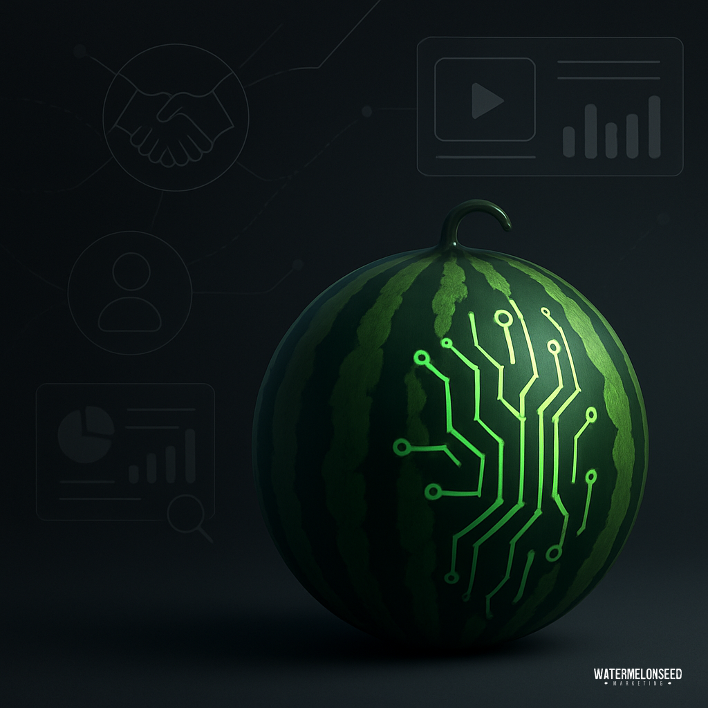A watermelon with a glowing green circuit board pattern on its surface, set against a dark background with faint digital icons—perfect for illustrating the importance of building trust before the digital age transforms our connections.