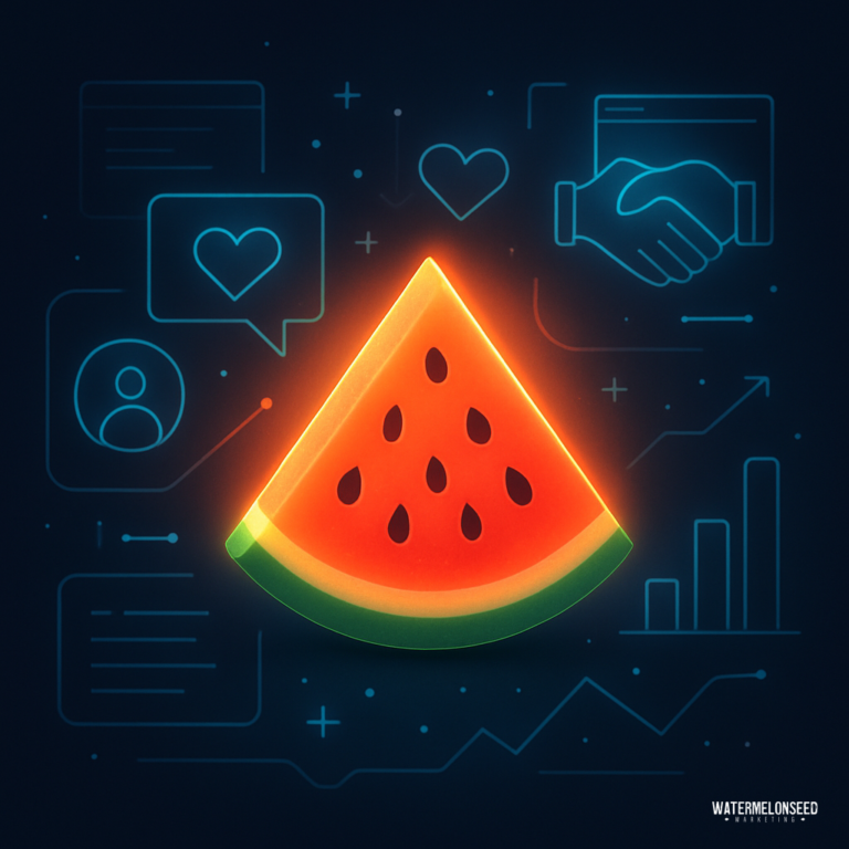 A glowing watermelon slice is centered over digital icons representing social media, communication, and data graphs on a dark background, highlighting the importance of building trust online before engaging with communities.