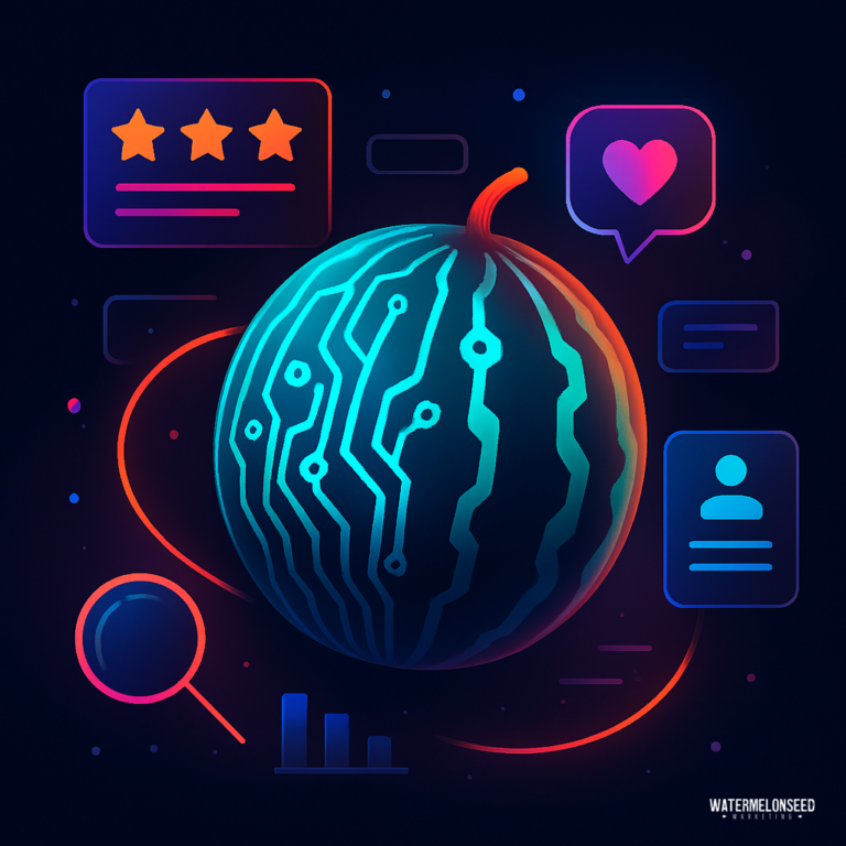 A digital illustration of a watermelon with circuit-like patterns, surrounded by icons for ratings, social media, analytics, and user profiles—symbolizing the buyer research process—on a dark background.