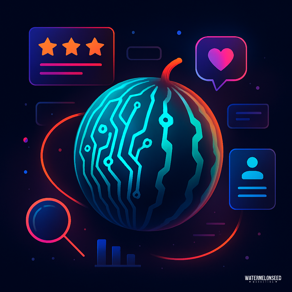 A digital illustration of a watermelon with circuit-like patterns, surrounded by icons for ratings, social media, analytics, and user profiles—symbolizing the buyer research process—on a dark background.