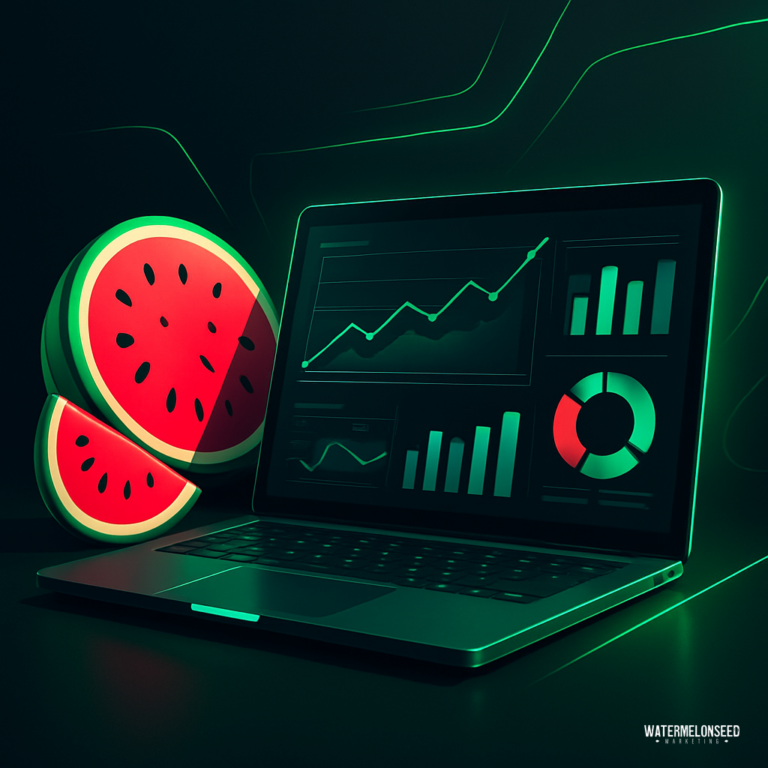 A laptop displaying data charts and graphs—powered by performance analytics tools for digital marketing—sits beside sliced watermelon, set against a dark green background with neon accents.