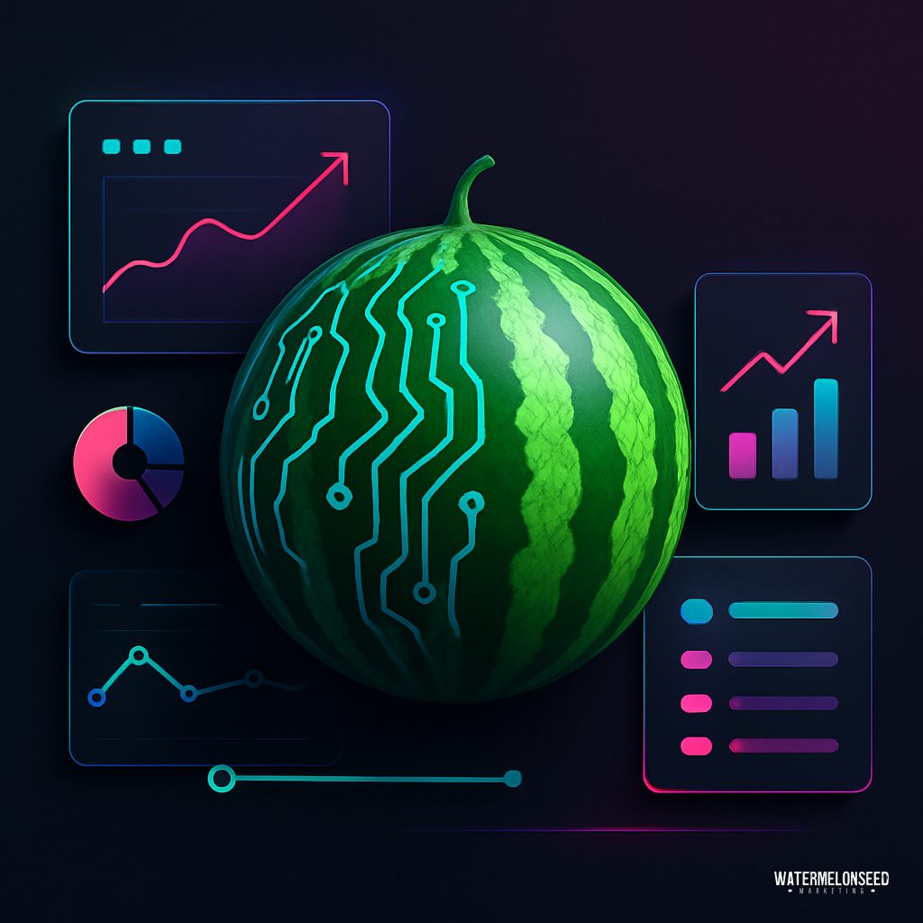 A watermelon with circuit-like patterns is surrounded by digital data charts and performance analytics tools for digital marketing on a dark background.