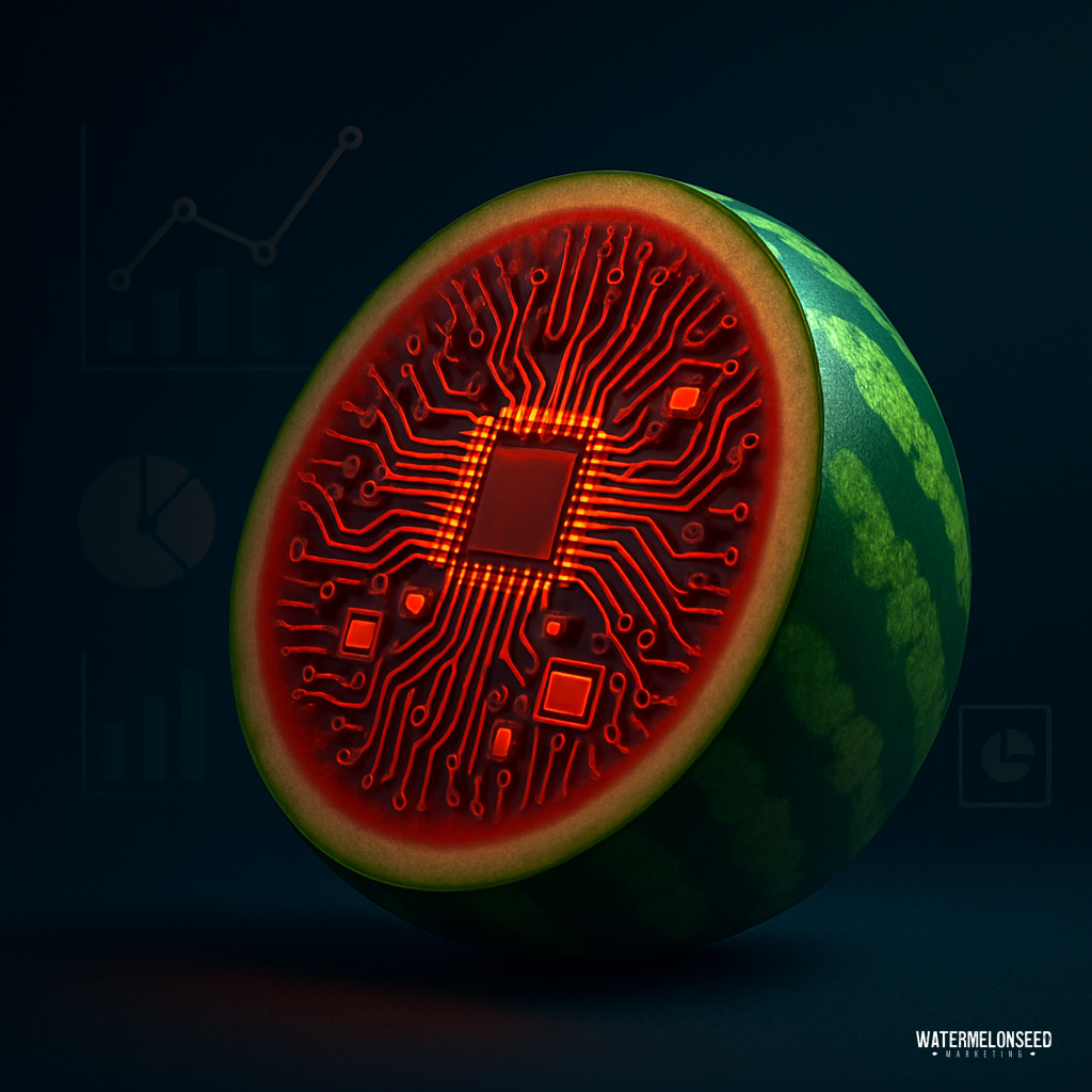 A watermelon half with its interior depicted as a glowing computer circuit board, blending natural and technological elements—an unexpected visual metaphor for how to improve website conversions.